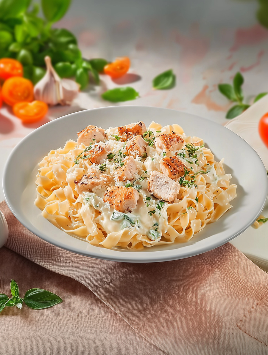 Готовое блюдо Феттучини с мясом цыпленка, запеченные под соусом морней TheNorm