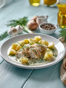 Ломтики филе минтая запечённые с картофелем и луком блюда, базовое меню